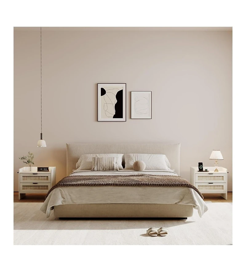 gaomon 1PC White Rattan Nightstand, 2-Drawer Bedside Table with Type-c Charging Station