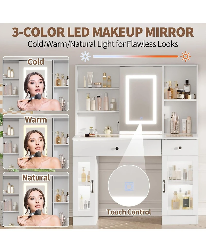 Gaomon 3-Color Led Vanity Desk, Makeup Dressing Table with Space-Saving Sliding Mirror