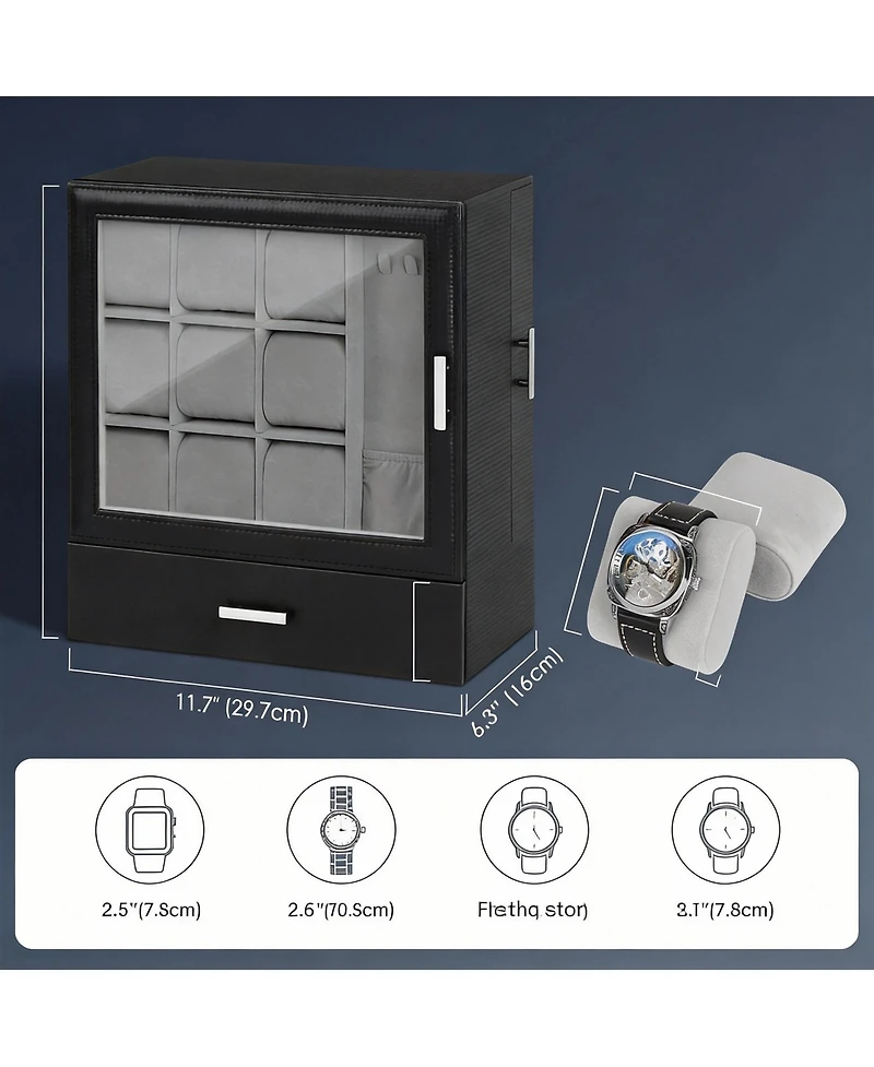 Yigii 9-Slot Vertical Watch Case for Men with Necklace Display and 3-Tier Drawer