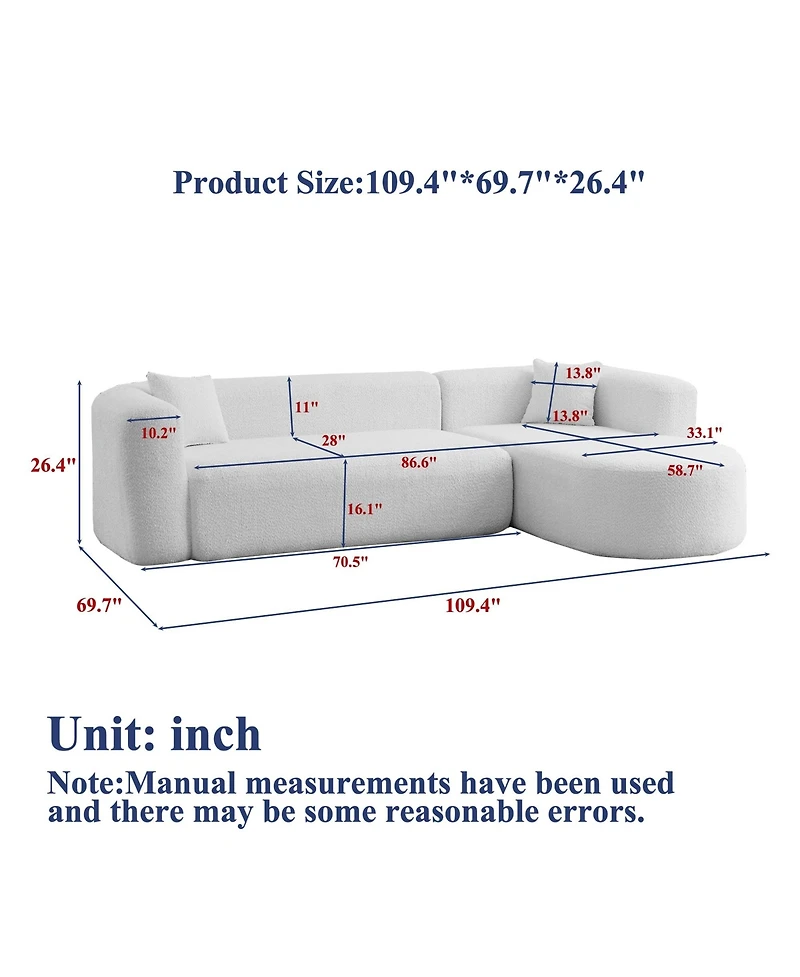 Clihome 109.4" L-Shaped Modular Sectional Sofa Right Chaise Chenille Fabric Cloud with 2 Pillows