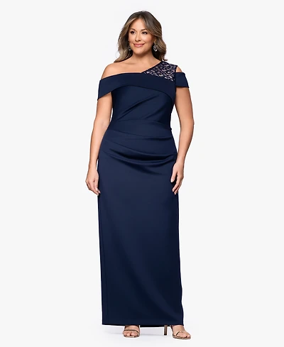 B&A By Betsy and Adam Plus Long Asymmetrical Neck Ball Gown