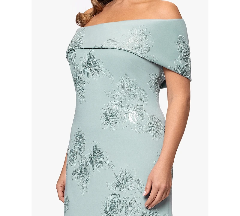 Betsy & Adam Plus Long Jacquard Off The Shoulder Ball Gown