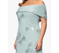 Betsy & Adam Plus Long Jacquard Off The Shoulder Ball Gown