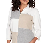 Alfred Dunner Petite Quarter Zip Collared Patchwork Top
