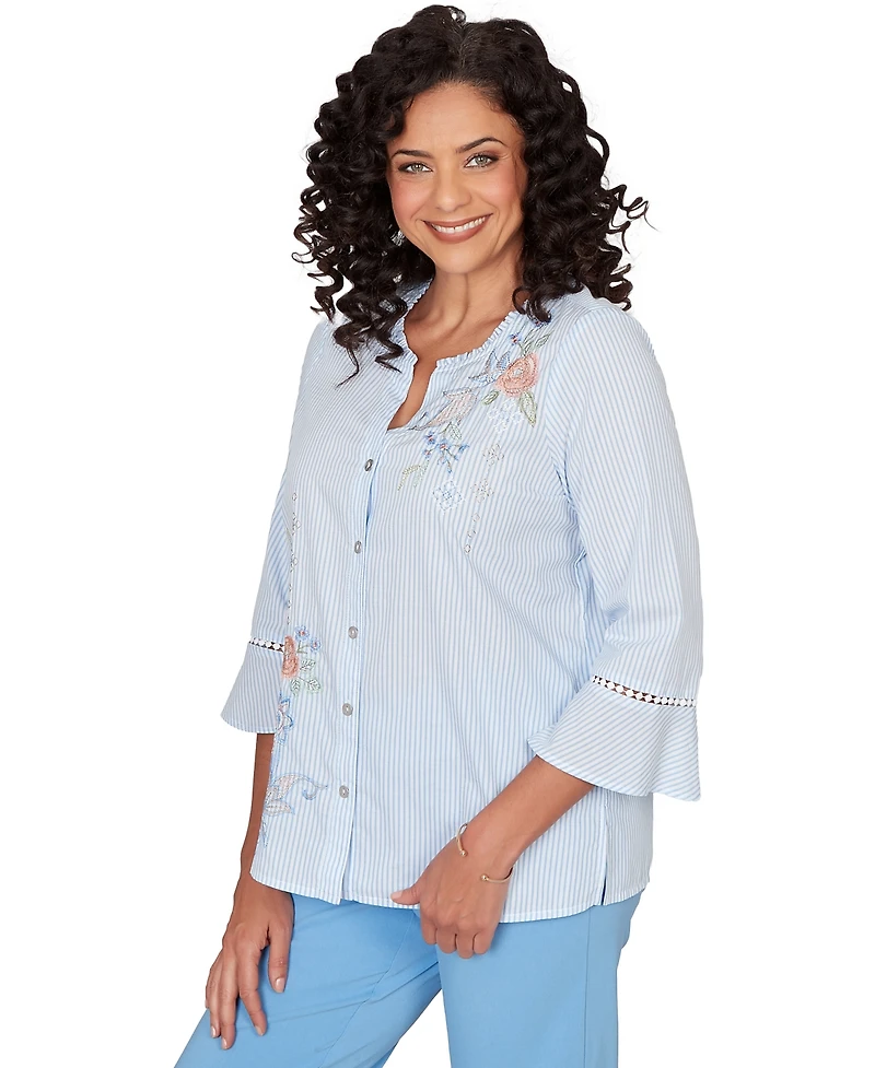 Alfred Dunner Petite Striped Floral Embroidered Button-Down Top