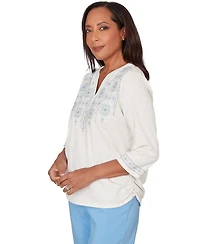 Alfred Dunner Petite Medallion Embroidered Ruched Split Neck Henley Top