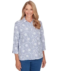 Alfred Dunner Petite Classics Puff Print Pinstripe Embroidered Collared Top