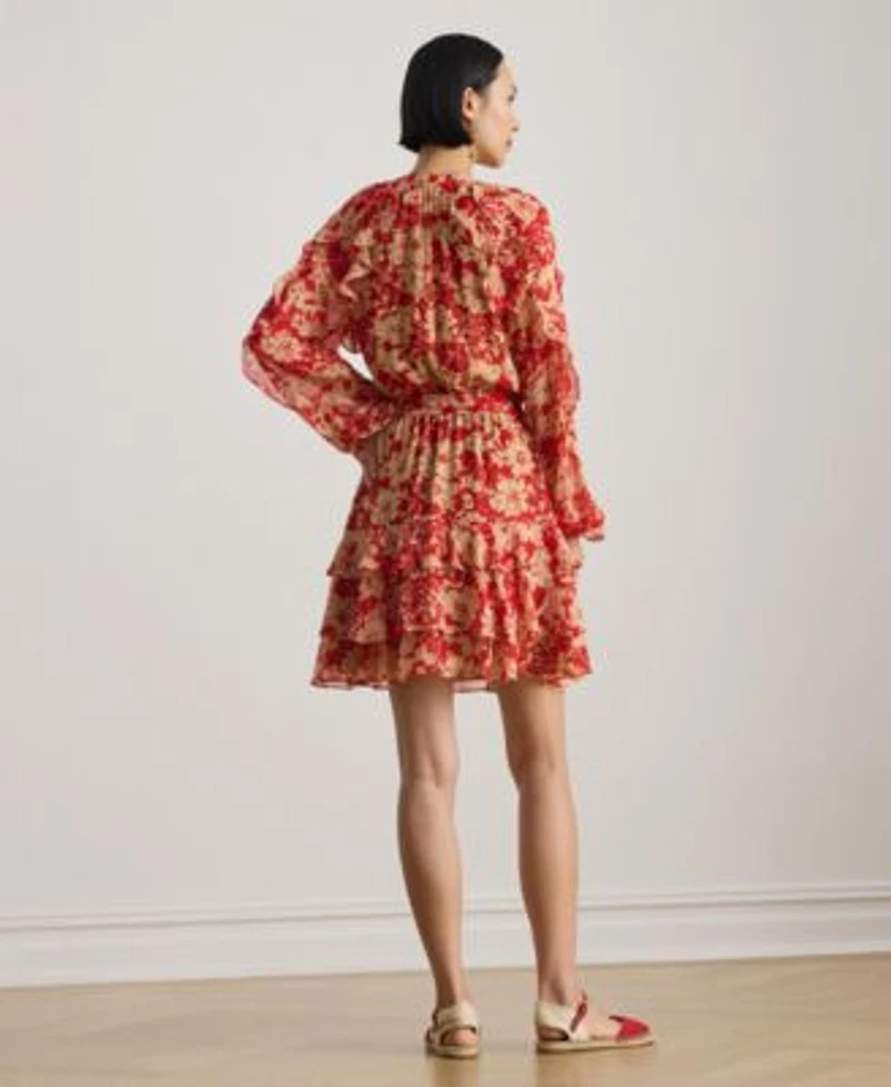 Lauren Ralph Lauren Womens Print Ruffle Trim Band Collar Tiered Dress