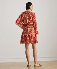 Lauren Ralph Lauren Womens Print Ruffle Trim Band Collar Tiered Dress