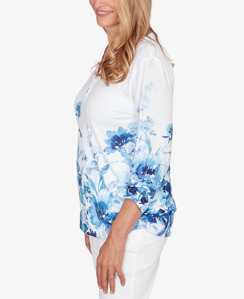 Alfred Dunner Petite Mykonos Watercolor Floral Border Henley Top