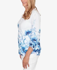 Alfred Dunner Petite Mykonos Watercolor Floral Border Henley Top