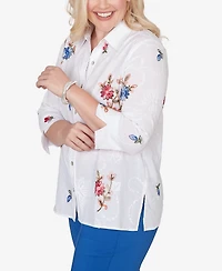Alfred Dunner Petite The Royal Treatment Embroidered Flower Collared Button Front Top