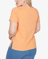 Alfred Dunner Petite Beachcomber Embroidered Floral Neck Short Sleeve T-shirt