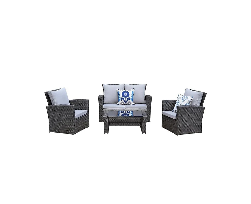 Flynama 4 Pieces Pe Rattan Wicker Outdoor Patio Furniture Set with Grey Cushions Steel Frame Tempered Glass Coffee Table