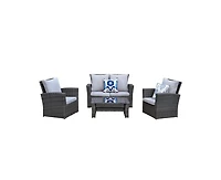 Flynama 4 Pieces Pe Rattan Wicker Outdoor Patio Furniture Set with Grey Cushions Steel Frame Tempered Glass Coffee Table