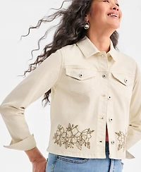 Style & Co Petite Cropped Embroidered Denim Collared Jacket, Macy's Exclusive