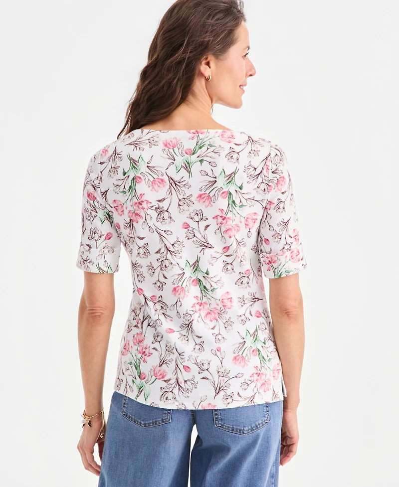 Style & Co Women's Printed Boat-Neck Elbow-Sleeve Top, Macy's Exclusive