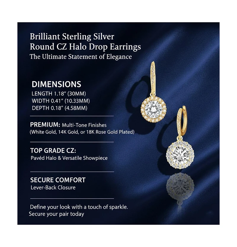 Sparkling Halo Circle Drop Earrings Sterling Silver with Cubic Zirconia