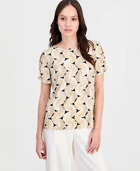 Anne Klein Essentials Petite Printed Gathered-Sleeve Top