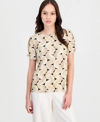 Anne Klein Essentials Petite Printed Gathered Sleeve Top