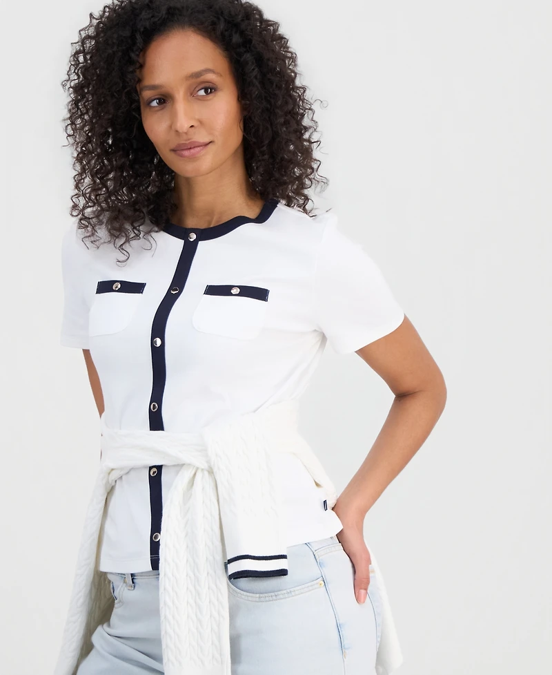 Nautica Women's Cotton Cardigan-Look Short-Sleeve Knit Top