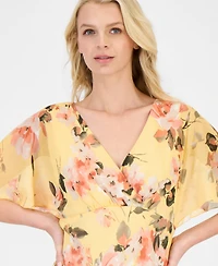 Connected Petite Floral Chiffon Butterfly-Sleeve Dress