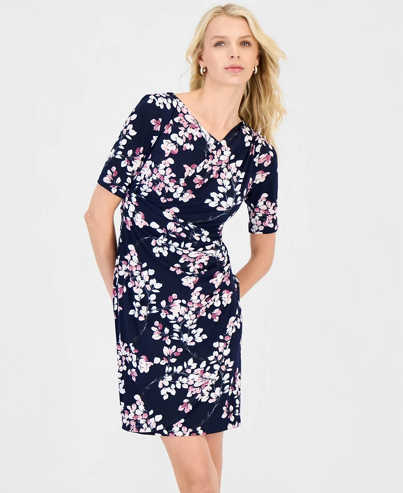 Connected Petite Floral Faux-Wrap Elbow-Sleeve Dress