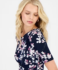 Connected Petite Floral Faux-Wrap Elbow-Sleeve Dress