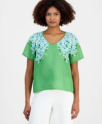 T Tahari Women's Floral V-Neck Short-Sleeve Top