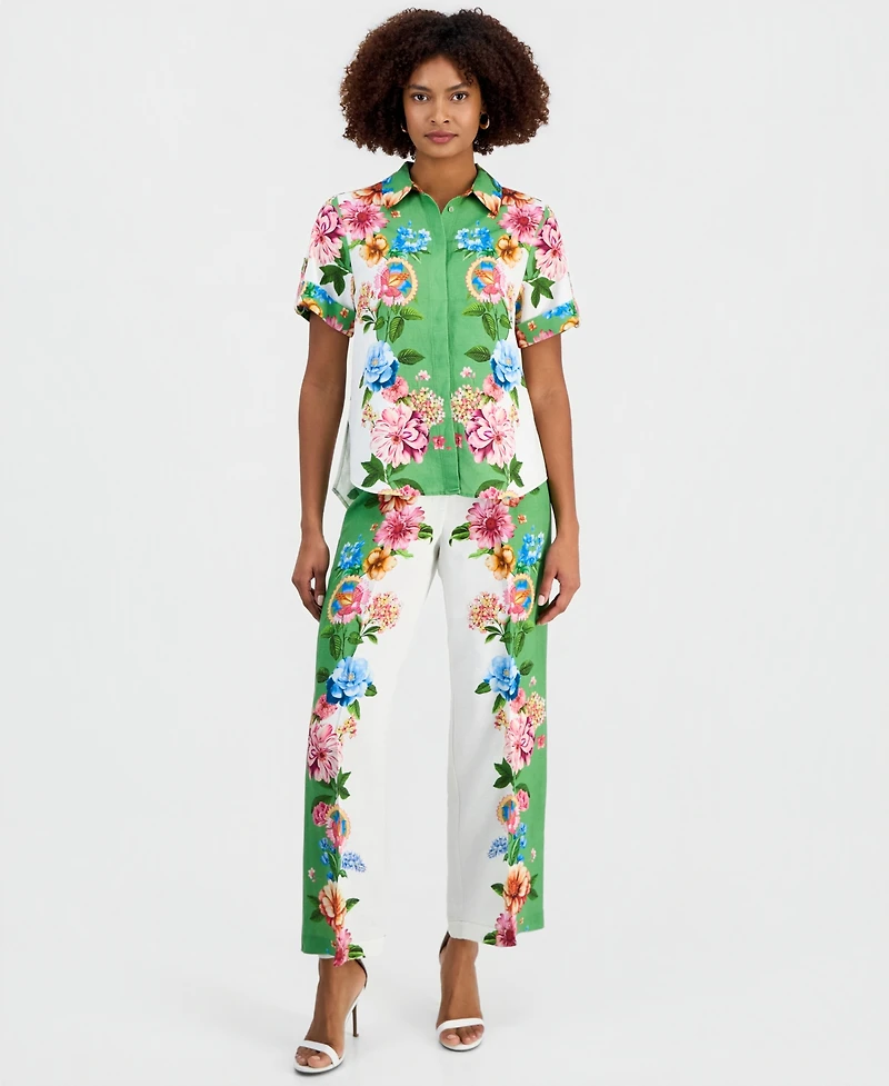 T Tahari Women's Collared Short-Sleeve Floral Blouse