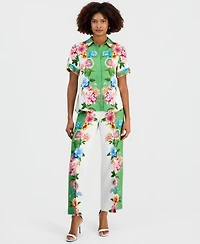 T Tahari Women's Collared Short-Sleeve Floral Blouse