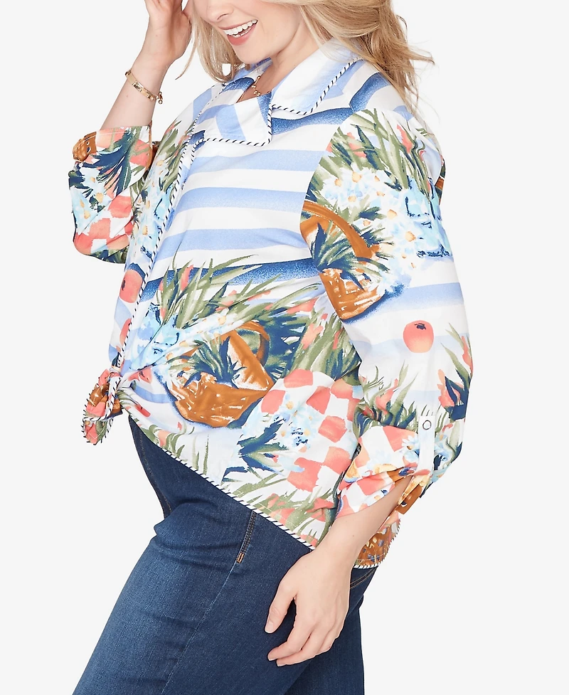 Ruby Rd. Plus Picnic Print Poplin Tied Snap Front Top