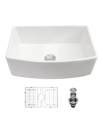 flynama 30x19x10inch White Farmhouse Sink Ceramic Porcelain Arch Edge Apron Front Single Bowl