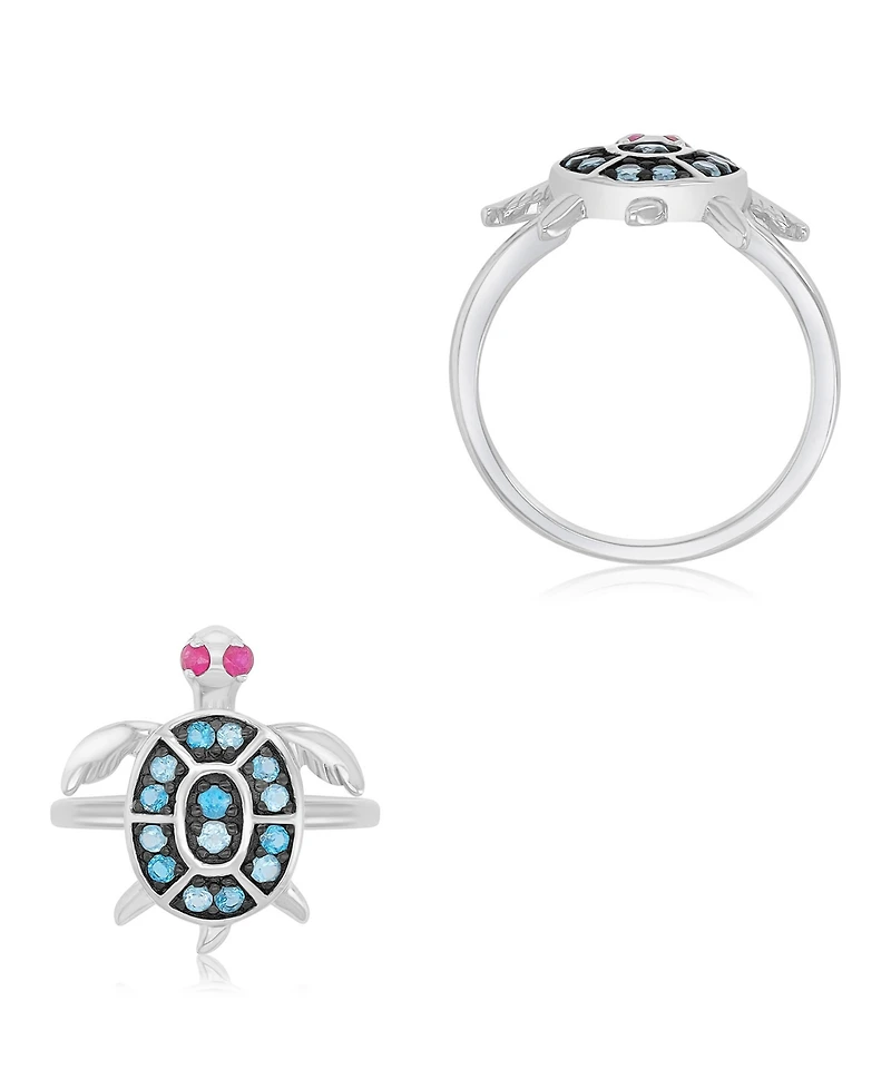 Macy's London Blue Topaz (0.58 ct. t.w.) & Ruby (0.1 ct. t.w.) Sea Turtle Ring in Rhodium Over Sterling Silver