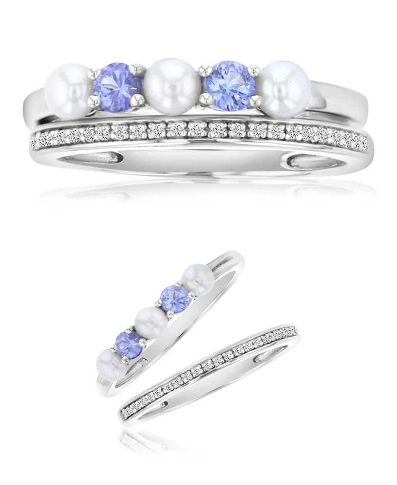 Macy's Diamond (0.069 ct. t.w.) Imitation Pearl & Tanzanite Stackable Band Ring Set in Rhodium Over Sterling Silver