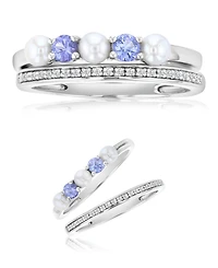 Macy's Diamond (0.069 ct. t.w.) Imitation Pearl & Tanzanite Stackable Band Ring Set in Rhodium Over Sterling Silver