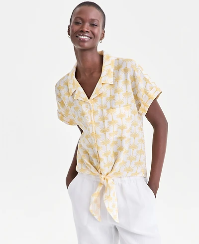 Charter Club Women's 100% Linen Tie-Front Shirt, Created for Macy's