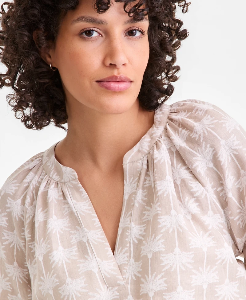 Charter Club Petite Woven King Street Palm Split Neck Top Macy's Exclusive