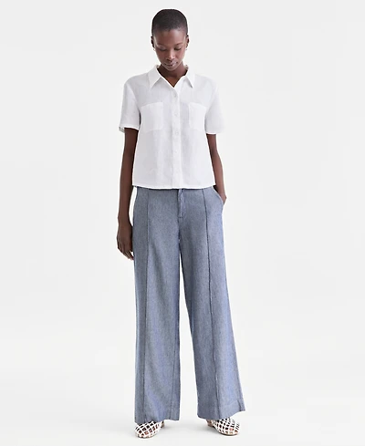 Charter Club Women's 100% Linen Woven Pleated Wide-Leg Pants, Created for Macy's