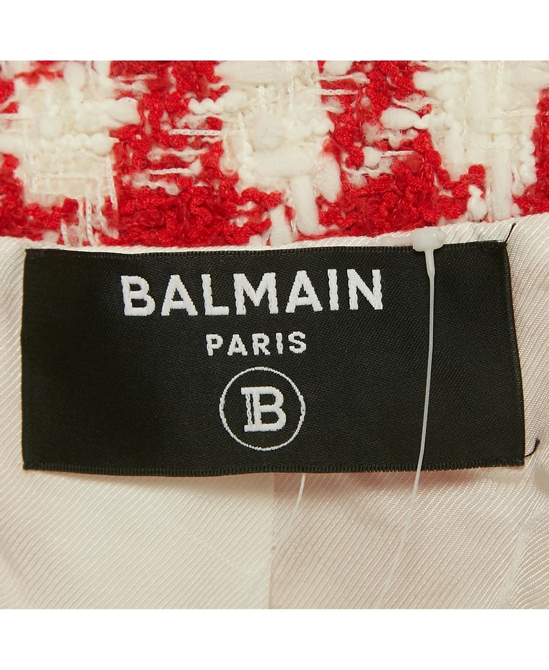 Pre-Owned Balmain Women's Red /white Houndstooth Tweed Open Front Jacket