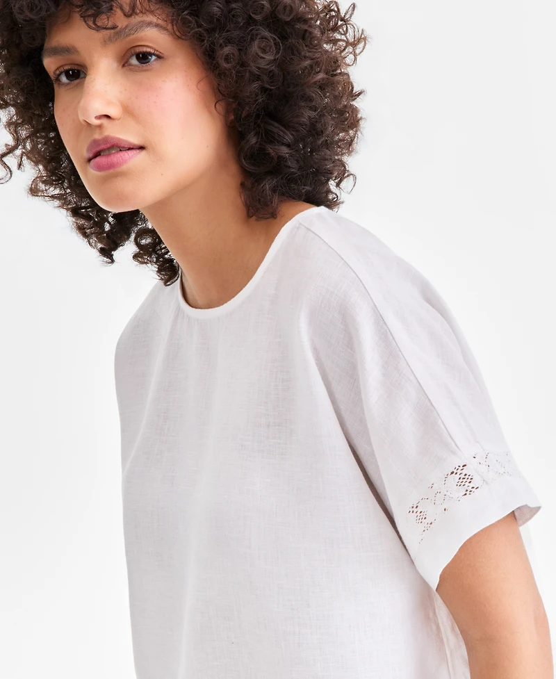 Charter Club Women's 100% Linen Eyelet-Trim Short-Sleeve Top, Macy's Exclusive
