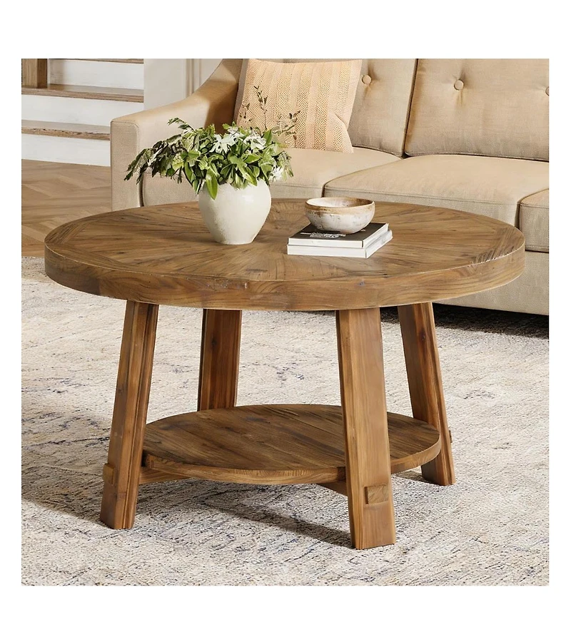 Tribesigns Solid Wood Coffee Table with Storage, 2-Tier Farmhouse Round Coffee Table for Living Room, Easy Assembly