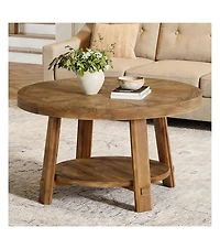 Tribesigns Solid Wood Coffee Table with Storage, 2-Tier Farmhouse Round Coffee Table for Living Room, Easy Assembly