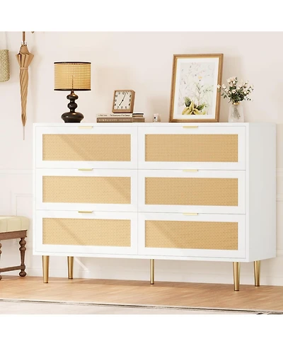 gaomon Rattan 6 Drawer Dresser for Bedroom, Modern Chest of Drawers with Gold Legs and Gold Handles, Wide Double Dresser with Large Tabletop and
