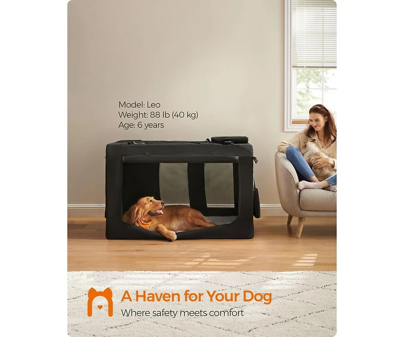 Cozito 48" Foldable Soft Dog Crate, Portable Carrier with Steel Frame, Mesh Windows, Storage Pockets, 92–110 lb