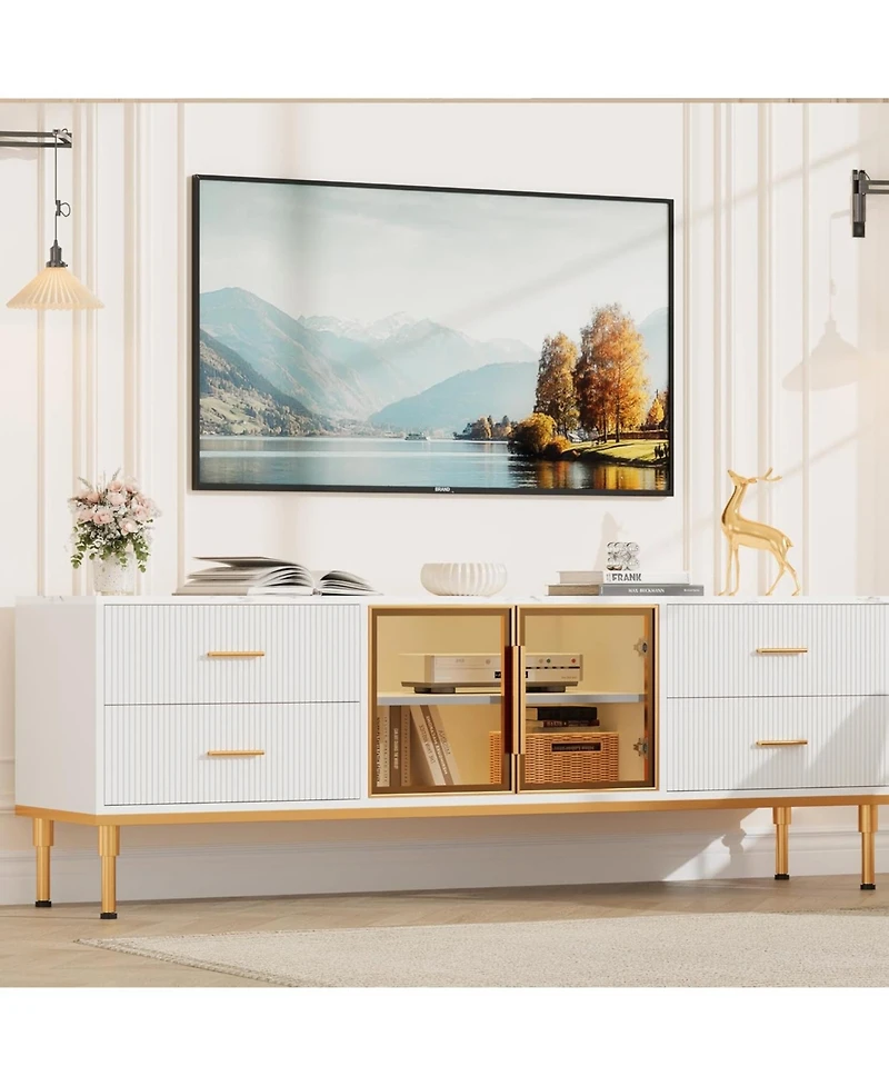 gaomon 65 Tv Stand with Led Lights, Modern Entertainment Center 4 Drawers & Shelves Glass Doors