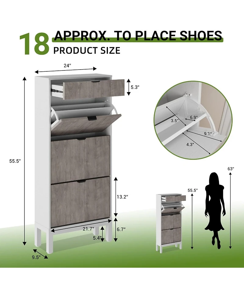 gaomon Shoe Storage Cabinet with 3 Flip Drawers, Farmhouse Fluted Organizer Metal Legs, Freestanding Narrow Rack for Entryway