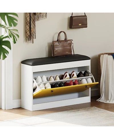 gaomon Modern Shoe Storage Bench with Flip Drawer & Pu Cushion Seat, Entryway Shoe Cabinet Bench for Hallway Bedroom
