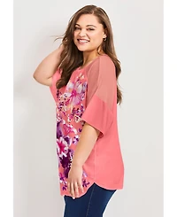 Avenue Women's Plus Mixed Media Floral Print Top