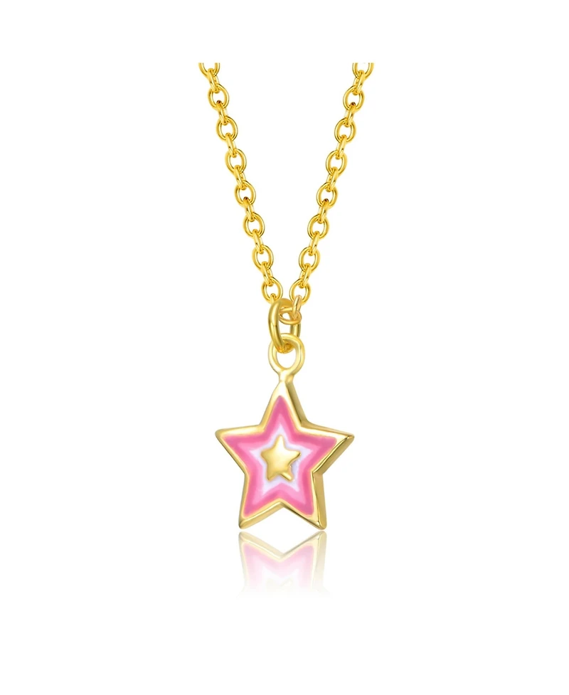 GiGiGirl Sterling Silver 14K Gold Plated with Pink & White Enamel Lucky Star Pendant Charm Necklace